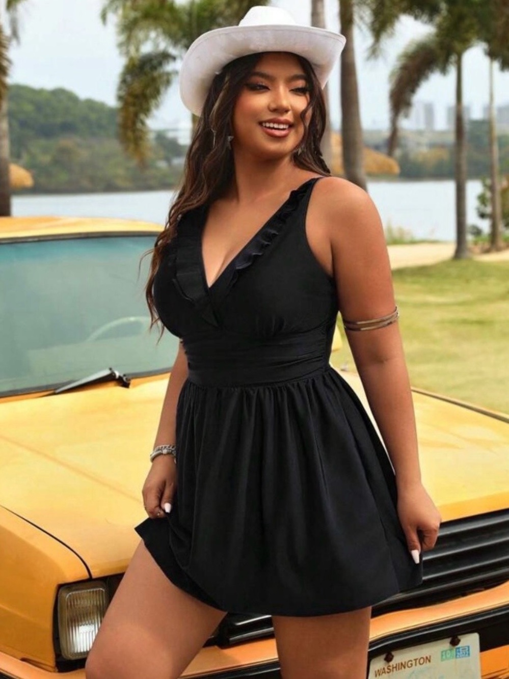 GUC SHEIN Black Ruffle V-Neck Swim Dress Size 2XL
